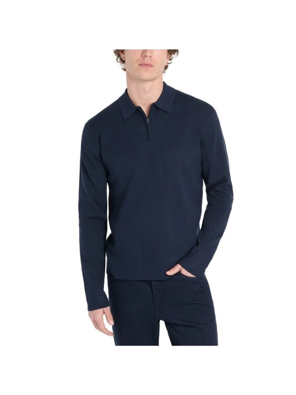 Hickey Freeman Men's S Navy Long Sleeve Knit Sweater Polo Stretch Rayon d1863